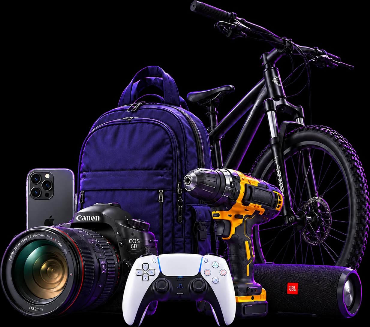 Objetos que se alquilan en Lendify: una cámara, un taladro, una bicicleta, una consola, un parlante, una carpa y un proyector.